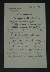 Maréchal Hubert LYAUTEY - Lettre autographe signée en date du 31 [mars] 1922. Lettre autographe signée sur papier à...