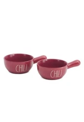 New Set of 2 Rae Dunn Chili Crock Soup Bowl Burgundy with Handle by Magenta 5x3