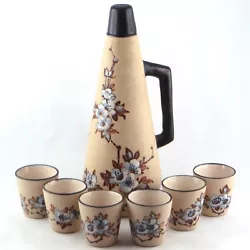 Beautiful and antique, stoneware liquors set by Moreau for Ciboure RF, from Basque country, famous french pottery...