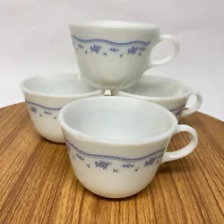 Morning Blue Pyrex 8 Oz. Cups Mugs Set Of 4 Corning USA VINTAGE. One cup has a small chip on the rim as pointed out in...