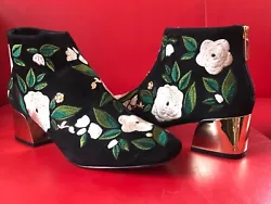 Karl Lagerfeld Paris Black Suede Floral Embroidered Ankle Boots Size 7.5.