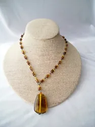 Vintage Amber Glass pendant bead chain necklace. Necklace adjusts from 18