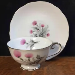 One Single Vintage Bellaire China Pink Thistle Cup & Saucer Set Platinum Edge. In good condition. No cracks or chips....