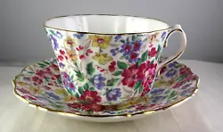 Featuring a beautiful chintz tea cup and saucer set by maker Old Royal. All over floral chintz pattern with gold trim.