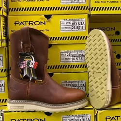 PATRON WORK BOOTS. THESE BOOTS ARE VERY TOUGH AND DURABLE. WARNING BOOTS RUN HALF SIZE BIG. BROWN COLOR LEATHER. PULL...