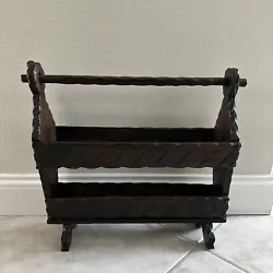 Home Decorative Hand Carved Brown Wooden Magazine Rack 19” Made In Spain Witco. See pictures for very good condition