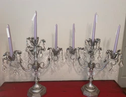 Set Of 2!! 3 Arm Ornate Metal 19” Candelabra￼s With Crystal Drops. Approximately 19” tall without candles and...