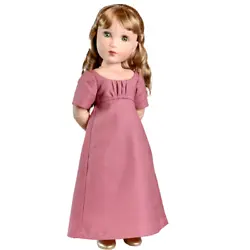 Includes doll, gorgeous pink cotton dress inspired by Regency style, cream colored slip on shoes, underwear.