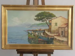 oil painting on canvas Christmas Jourdan representing fishermen in the process of mending the nets. Dimension of the...
