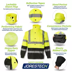 This high visibility raincoat protects you from rain and wind, all while providing Class 3 ANSI visibility compliance....