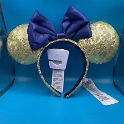 Disney Parks WDW 50th Anniversary Gold Sequin Blue Bow Ears Headband EARidescent.