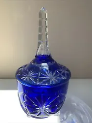 VTG Tall Footed Bohemian Glass Cobalt Blue Cut to Clear Apothecary or Candy Jar. Stunning footed candy dish with lid...
