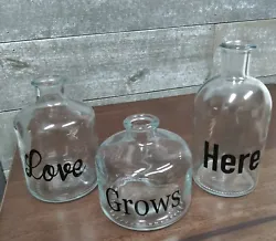Love Grows Here Clear Vase Bottles Handmade Bohemian Decor  Please see all photos for size and condition.  Thanks for...