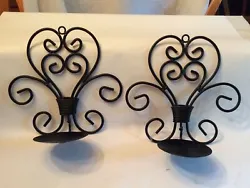 Set of 2 Black Metal Hanging Wall Sconces Scrolled Candle Holders Home Decor. Condition is 