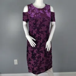 Calvin Klein cold shoulder lined sheath dress in purple floral velvet burnout with back zip closure. Sleeve 5.5