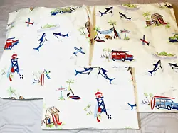 Beautiful Pottery Barns kid 3 pc twin sheet set, sorry for flash not a yellow back ground Sharks Surfboard Car Beach...