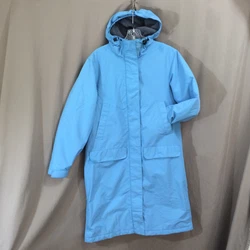 Style: Long winter coat, hooded, zipper closure with addl velcro, fleece lined on top, lower half quilted, several...