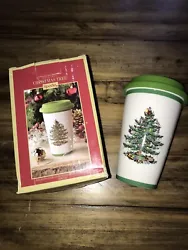 NEW Spode Holiday Christmas Tree Ceramic Travel Mug Cup with Silicone Lid. Shipped with USPS Priority Mail.
