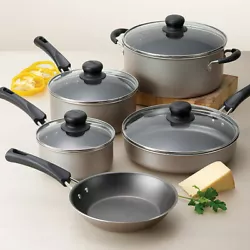 Complete cookware set with nonstick interior for easy cooking and cleaning. Set includes: 7