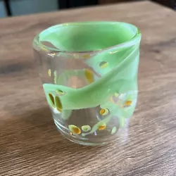 Handblown Lowball Glass Cup w/ Green yellow Spots Swirled Thumbprint Barware. Condition: great, no chips or cracksSee...