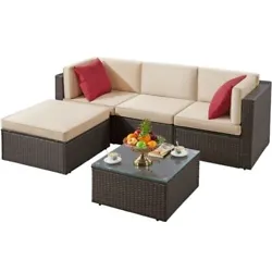 4pcs Sofa Section, 1pcs End Table. Patio Furniture Sets. Weight Capacity of Each Sofa Section. PE, Steel, Polyester...