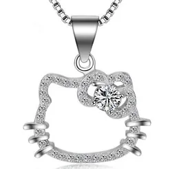 Sterling Silver Zirconia Cat Face Pendant on 18