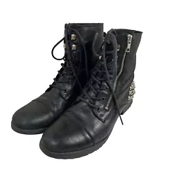 Black Ankle Combat Boots. Block Heel, Top Side Zip & Lace Up. Silver Studs.