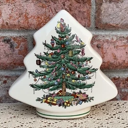SPODE CHRISTMAS TREE BANK S3224-M #20 ENGLAND Measures approximately 6” tall, “6 wide and 2.5” deep. Has the...