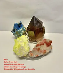 A unique collection of raw Natural Congo Citrine, Shattackite with Diopstase cubes, Vanadinite and Sulfur healing...