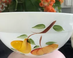 Vintage Midcentury Anchor Hocking Fire King Fruit Painted Milk Glass Mixing Bowl. 8.75” Diameter. One tiny flea bite...