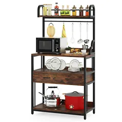 The top hutch serves for spice bottles or small kitchenware. 5 hooks for hanging cooking tools in plain sight....