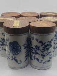8 Blue Danube Onion - Spice Jars with Wood & Cork Lids. Stickers say made in Japan. Japanese porcelain. No visible...