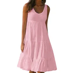 Sleeveless Smock Sundress. Design：Solid Color, Scoop Neck, A-line. Due to the different monitor and light effect, the...
