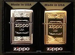 Set of Two Regular Size Windproof Zippo Lighters. Finish Lighter 2: High Polished Brass.