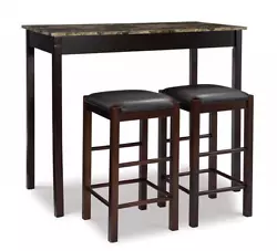 Padded stool seats with black vinyl upholstery; stools tuck under table for storage. Hardwood construction with...