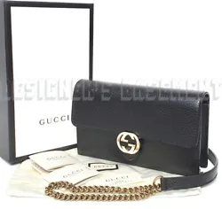 Authentic GUCCI Outlet fabulous instantly recognizable black pebbled leather INTERLOCKING G snap flap MINI chain strap...