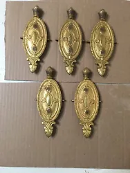 Up for sale is this Lot Of 5 Antique Art Deco Cast Brass or Bronze Decorative Plaques From the sides of a chandelier,...