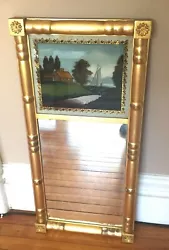 Beautiful Federal Split column Gilt wood reverse painting mirror. No loss of paint on the the. has the silvering spots...