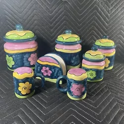 Jubilation Hand Painted Kitchen Canisters Salt And Pepper Napkin Hold Set Of 7. Hand painted Ceramic canister set by...