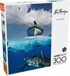 This 300-large piece jigsaw puzzle is titled Gone Fishing. The image captures an above-water view of a fisherman along...