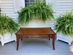 POTTERY BARN. CLASSIC BROWN WOOD TRAY TOP EDGE STYLE COFFEE TABLE. WOULD BE GREAT AS PLANT STAND OR BENCH SEAT. CLASSIC...