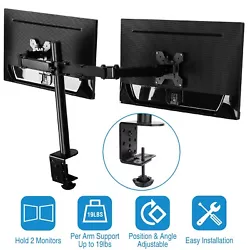 Double Monitor Support: Mount two screens side by side to conveniently free up desk space. Support two 10”-27”...