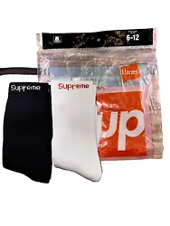 Supreme Hanes Crew Socks 2-pairs one BLack and one White 100% Authentic Size 6-12