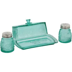 Spread a little cheer and shake things up with Glass Butter Dish with Salt and Pepper Shaker Set. This set is made of...