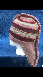 Handmade Crochet Wool Pink and Red Mohawk Winter Hat. Condition is 