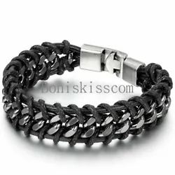 Features:   Classic Casual Style Braided Cuban Chain Stainless Steel & Leather Bracelet Easy Hook Design, Easy to Wear...