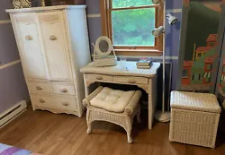Pier 1 Imports Wicker Wardrobe, Desk, Stool, Hamper Rattan Cottage Tropical One Jamaica Bed Table. This includes 4...