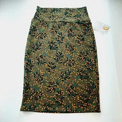 LuLaRoe Cassie pull-on stretch pencil skirt in olive green and orange floral print. Length 24