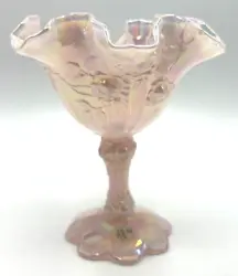 Vintage Fenton Stem Compote Glass Ruffled Pink Carnival Opalescent Rare Rose