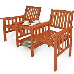 - En bois dacacia durable- Banc double avec table- 2 supports sur les deux côtés- Accoudoirs- Design fauteuil de...